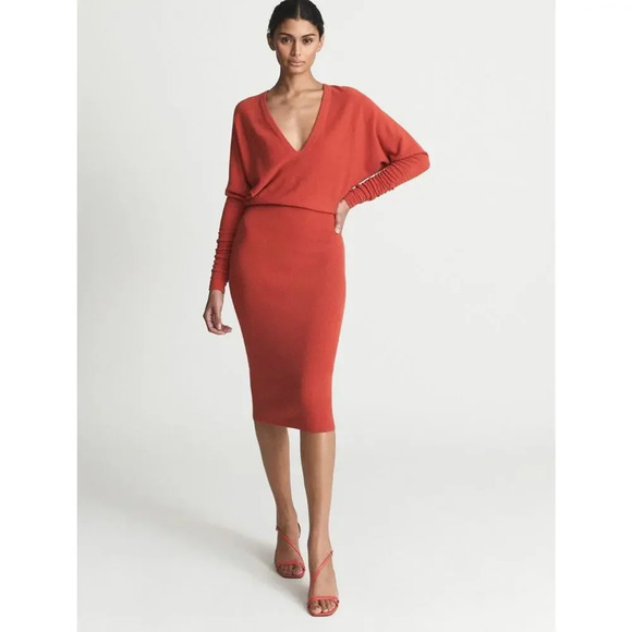 Riess Jenna Sweater Dress Orange Knitted Cashmere Blend Ruched Size M - Picture 2 of 13